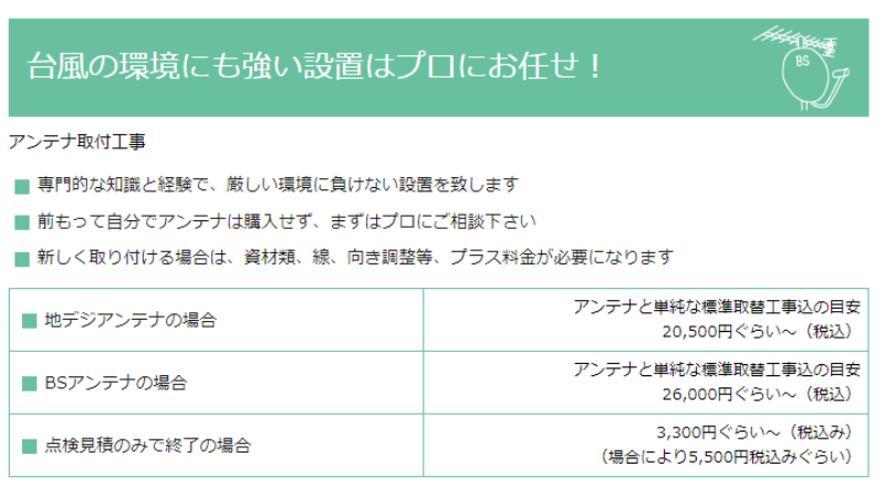 アキラデンキのテレビアンテナ工事の料金